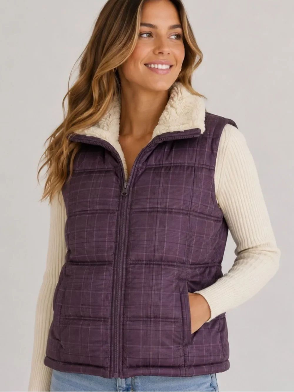 Big Chill Puffer Vest Plaid Sherpa Faux FurβTrim Jacket